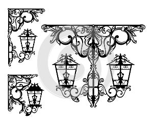 Antique flourish elements and streetlight lamps black and white vintage vector design set