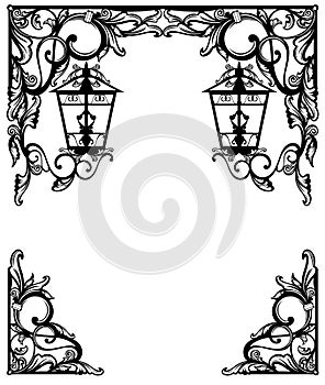 Antique flourish elements and streetlights lamps forming black and white vintage frame design with border and corners