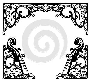 Antique flourish elements and violin necks forming black and white vintage frame design for classical music event