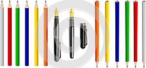 Antique fountain pen and colorful crayons (vector)