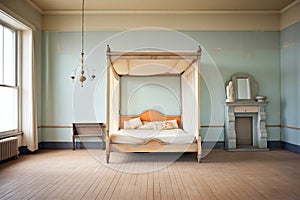 an antique four-poster bed in an empty room