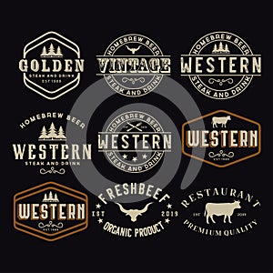 Antique frame border label engraving retro Country Emblem Typography for Western Bar/Restaurant Logo Design inspiration. Elements