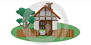 antique frame house in Germanic style on a white background