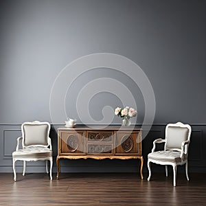 Antique furniture: cabinets and chairs against a gray backdrop