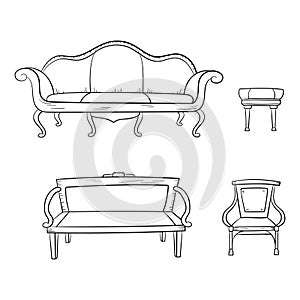 Antique furniture set - chair, couch, sofa, chair isolated on white