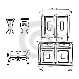 Antique furniture set - closet, nightstand and bureau isolated on
