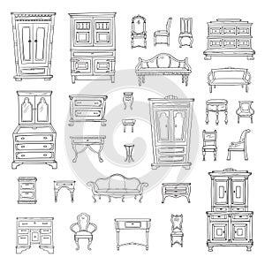 Antique furniture set: closet, nightstand, closet, chairs, nightstands and bureaus