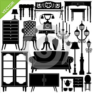 Antique furniture silhouettes vector