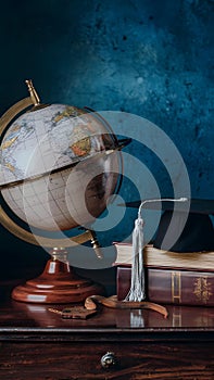 Antique globe, graduation cap, and books hint at educational travel