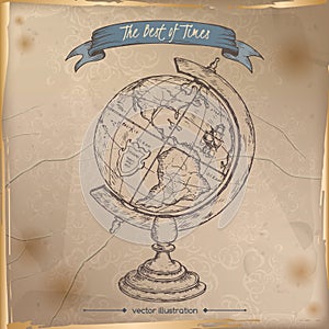 Antique globe hand drawn sketch placed on old paper background.