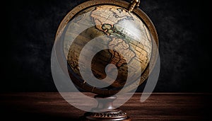 Antique globe on wooden desk, depicting planet physical geography generated by AI