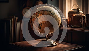 Antique globe on wooden desk for studying geography generated by AI