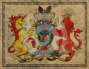 Antique gobelin with unicorn and lion beast on texture background