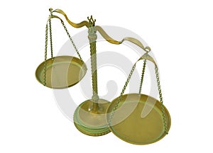 Antique gold brass balance scales isolated on white background. 3D Illustration