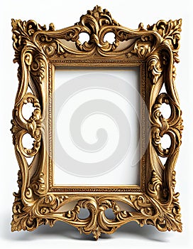 Antique gold picture frame isolated on white background, created with generative AI