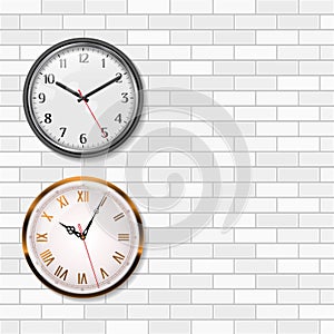 Antique Gold Wall Clock and Round Quartz Analog Wall Clock on White Brick Wall. Empty Space for Your Text. Vector Art.