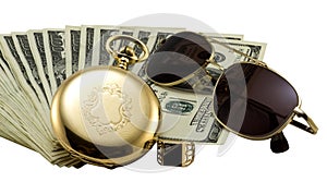 Antique gold watch, gold sun glasses and stack of money dollars set isolated