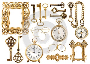 Antique golden accessories. Vintage picture frame clock key