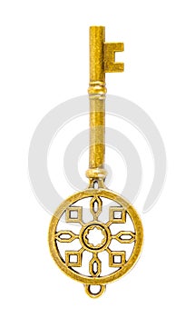 Antique golden door key isolated on white background