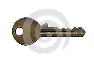 Antique golden door key isolated on white background.  close up
