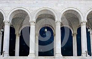 Antique gothic arched window and dark night sky