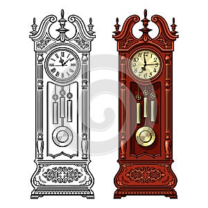Antique grandfather pendulum clock. Hand drawn black and white and colored vector illustration.