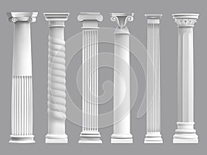 Antique greek pillars. Greek ancient column, historic roman culture pillars. Architectural classic columns vector