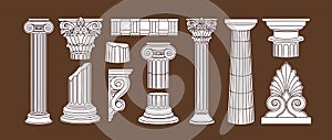 Antique Greek and Roman pillars set. Ancient classic architecture elements, decorations. Architectural vintage style