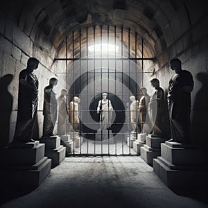 Antique Greek statues in vaulted hallway behind bars with central figure illuminated. Symbol of freedom and justice.