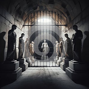 Antique Greek statues in vaulted hallway behind bars with central figure illuminated. Symbol of freedom and justice. photo