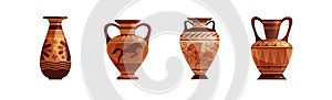 Antique Greek vase with decoration. Ancient traditional clay jar or pot for wine. Vector cartoon illustration.