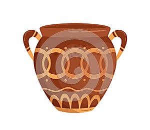 Antique greek vase with handles decorated by traditional Hellenic ornaments vector flat illustration. Ancient handmade