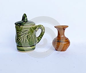 Antique Green glass and Jar on white background