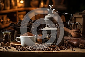 Antique hand coffee grinder with ground coffee beans and a filled powder bowl in a rustic charm indoor residence. AI generated.