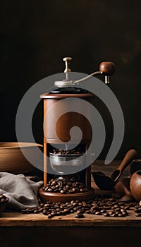 Antique hand coffee grinder with ground coffee beans and gunny bag in a charming rustic home background. AI generated.