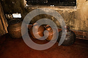 Antique handcrafted copper pots. Indian waterpots.