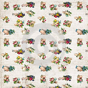 Antique hands with flowers victorian scrap repeat pattern wallpaper