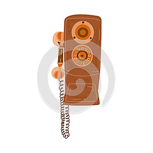 Antique hanging brown phone with handset. Vector