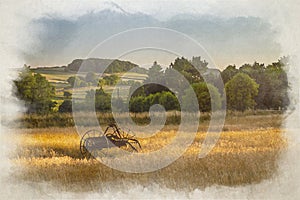 Antique hay rake digital watercolor painting