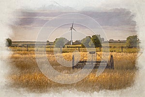 Antique hay rake and modern wind turbine digital watercolor painting