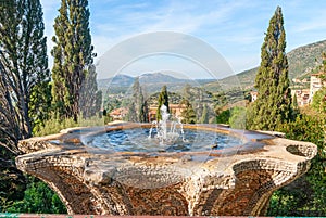 Antique historic fountain, iconic landmark in Villa d`Este, Tivoli