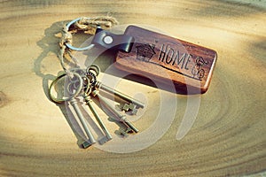 Antique house key with wood home keyring