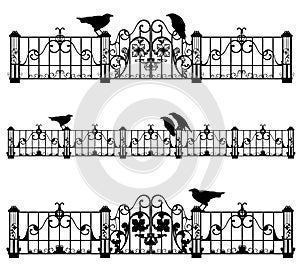 Antique iron fence and gates with raven birds black vector silhouette set