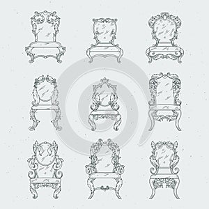 Antique italian chairs and armchair. Vector furniture in white