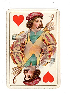 An antique jack of hearts playing card.