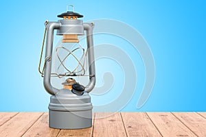 Antique Kerosene Lantern on the wooden table. 3D rendering