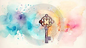 Antique key on a watercolor splash backdrop. Concept of mystery, vintage charm, unlocking, creative design, antique keys