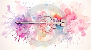 Antique key on a watercolor splash background. Concept of mystery, vintage charm, unlocking, creative design, antique