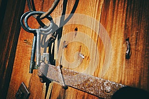 Antique keys against old wooden wall