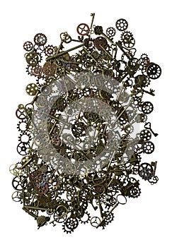 Antique Keys and Gears Splayed Out on Table